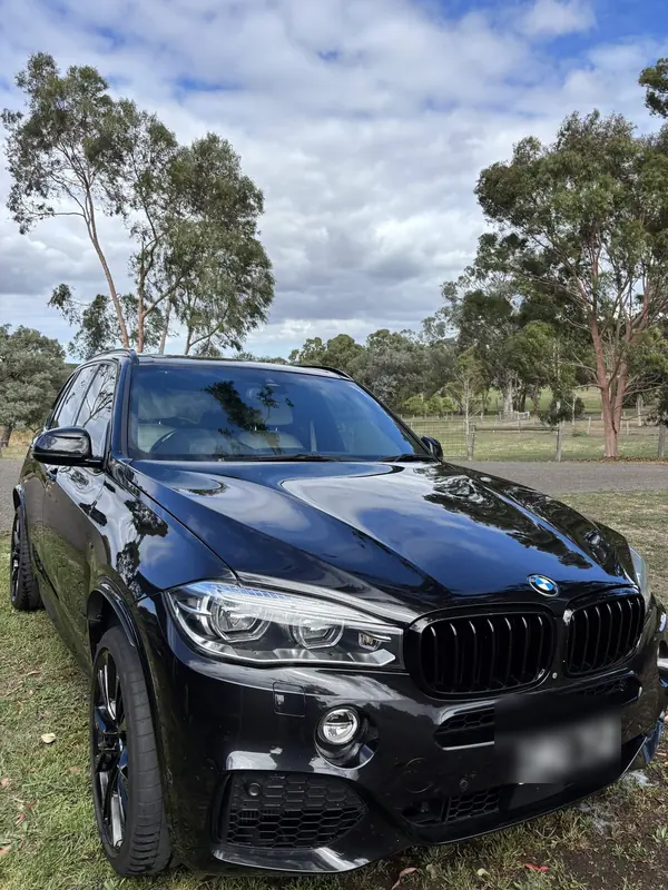 Black BMW X5 parked on grass under gum trees